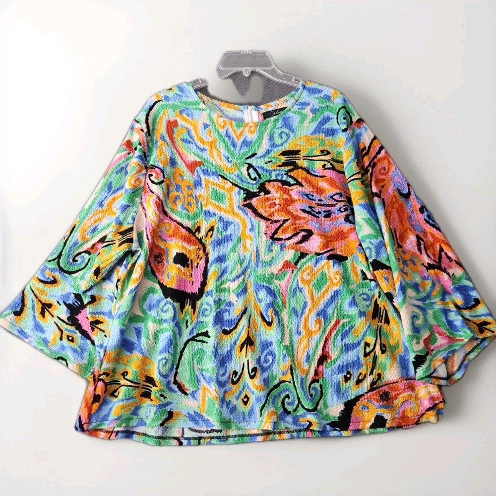 Calessa Shirt Top Women PXL Colorful Festival Travel Unique Print Zipper Back